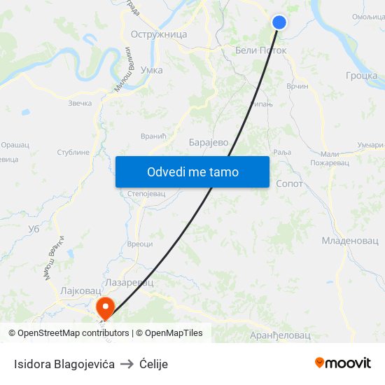 Isidora Blagojevića to Ćelije map