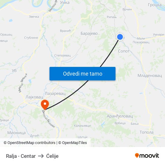 Ralja - Centar to Ćelije map