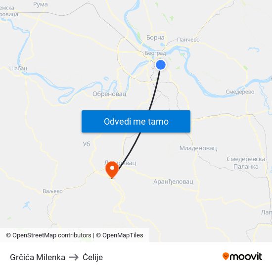 Grčića Milenka to Ćelije map