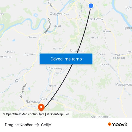 Dragice Končar to Ćelije map