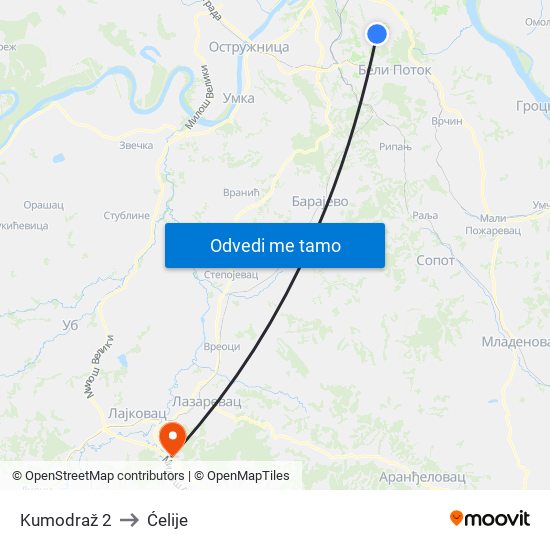 Kumodraž 2 to Ćelije map