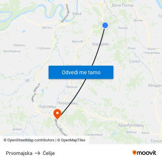 Prvomajska to Ćelije map