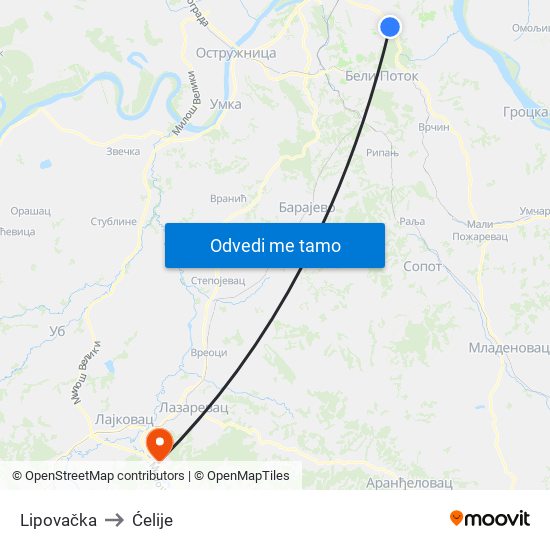 Lipovačka to Ćelije map