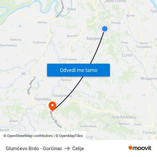 Glumčevo Brdo - Gorčinac to Ćelije map