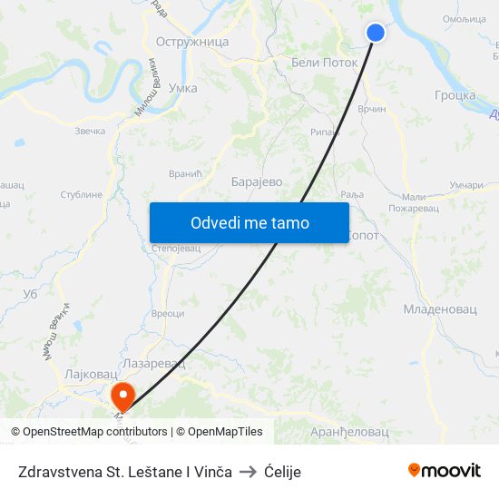 Zdravstvena St. Leštane I Vinča to Ćelije map