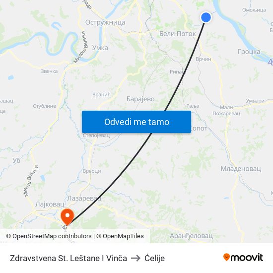 Zdravstvena St. Leštane I Vinča to Ćelije map