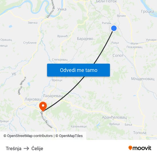 Trešnja to Ćelije map