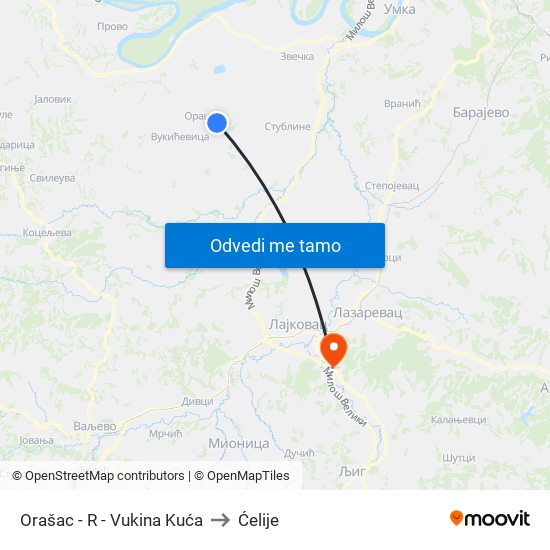 Orašac - R - Vukina Kuća to Ćelije map