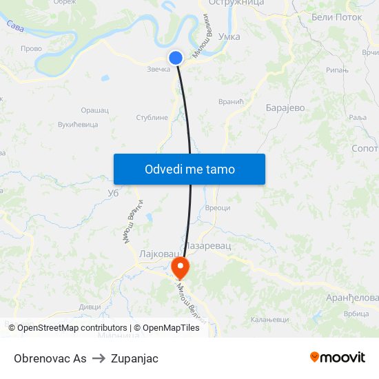 Obrenovac Аs to Zupanjac map