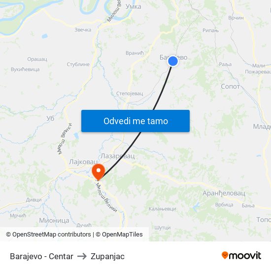 Barajevo - Centar to Zupanjac map