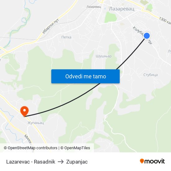 Lazarevac - Rasadnik to Zupanjac map