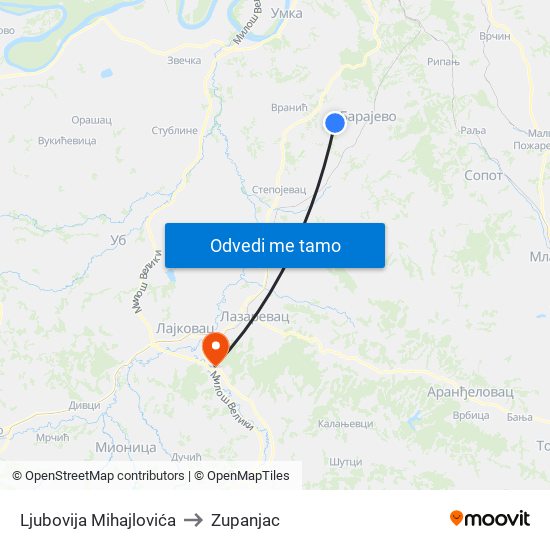 Ljubovija Mihajlovića to Zupanjac map