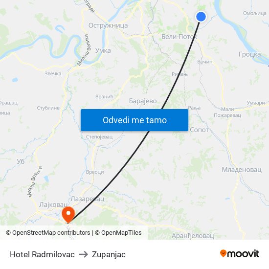 Hotel Radmilovac to Zupanjac map
