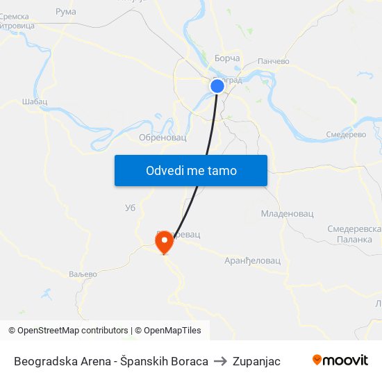 Beogradska Arena - Španskih Boraca to Zupanjac map