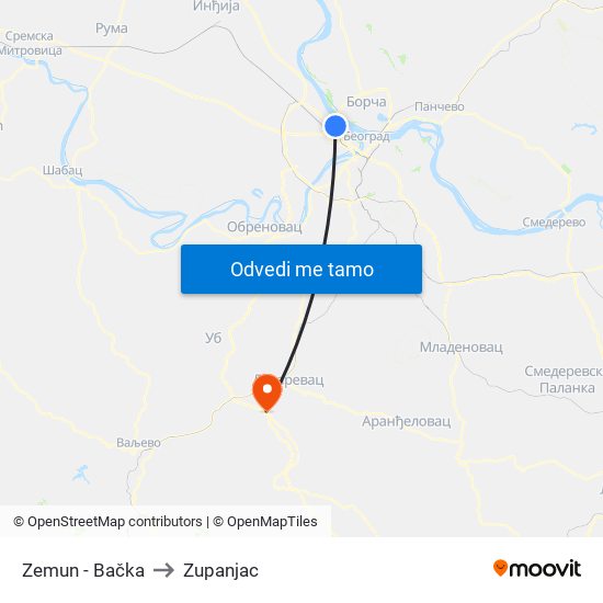 Zemun - Bačka to Zupanjac map