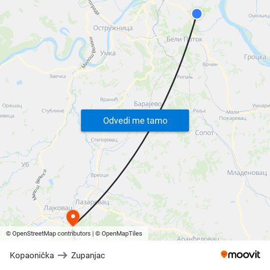 Kopaonička to Zupanjac map