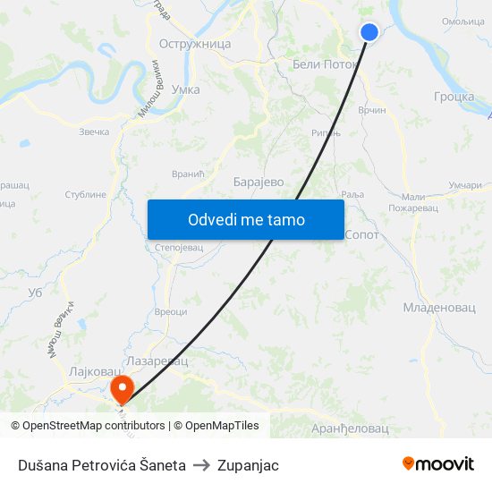 Dušana Petrovića Šaneta to Zupanjac map