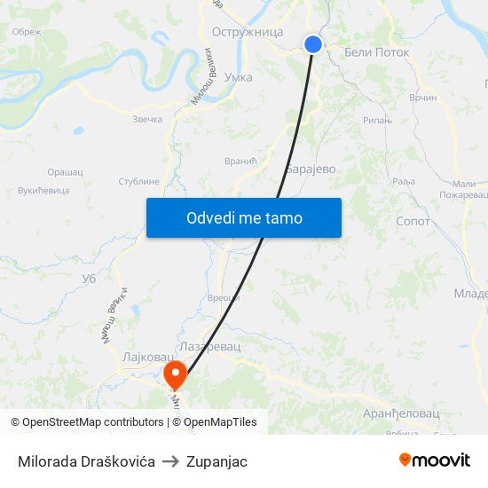 Milorada Draškovića to Zupanjac map