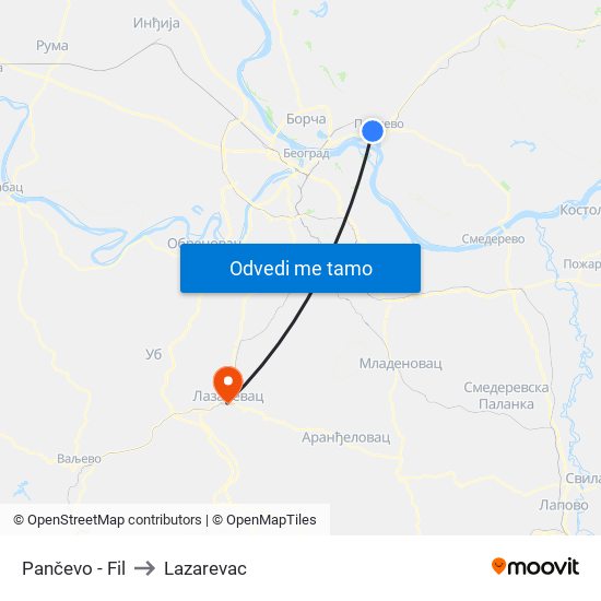 Pančevo - Fil to Lazarevac map