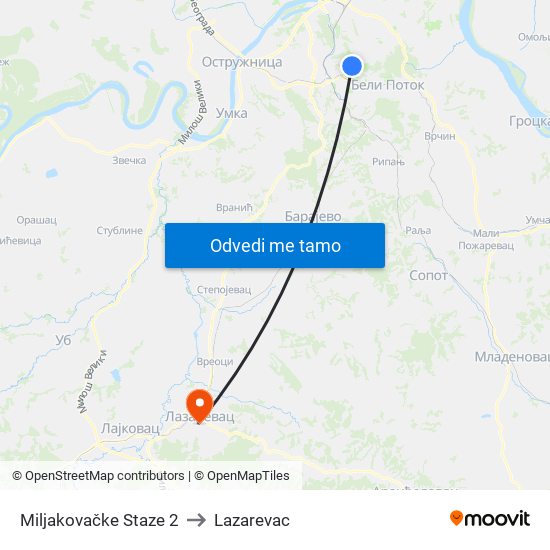 Miljakovačke Staze 2 to Lazarevac map