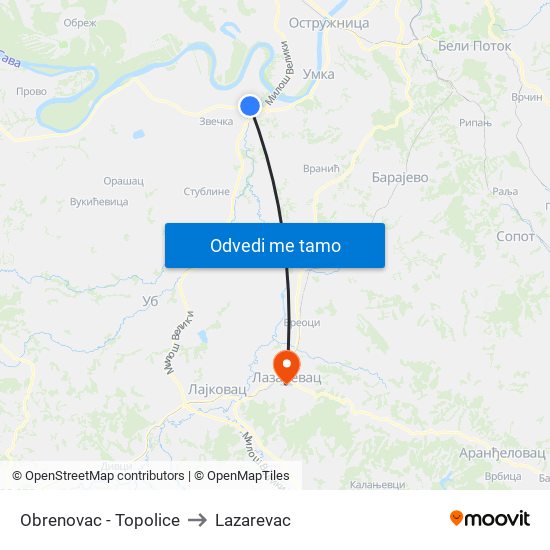 Obrenovac - Topolice to Lazarevac map