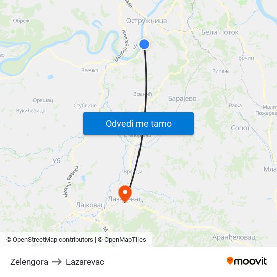 Zelengora to Lazarevac map