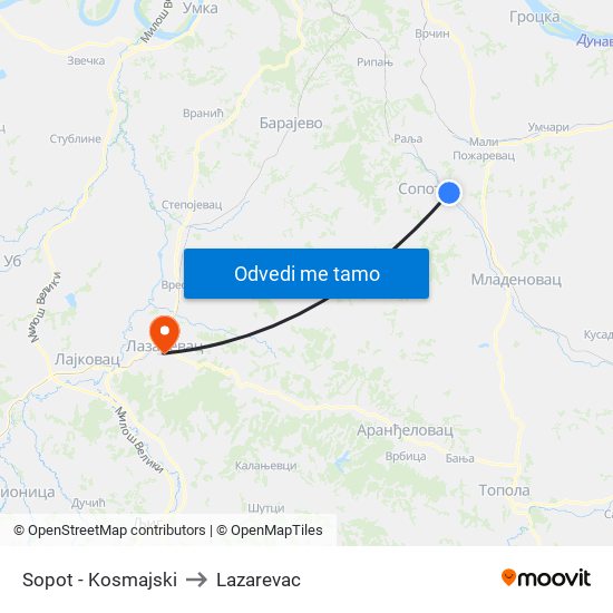 Sopot - Kosmajski to Lazarevac map