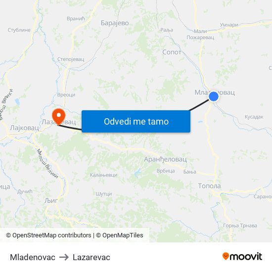 Mladenovac to Lazarevac map