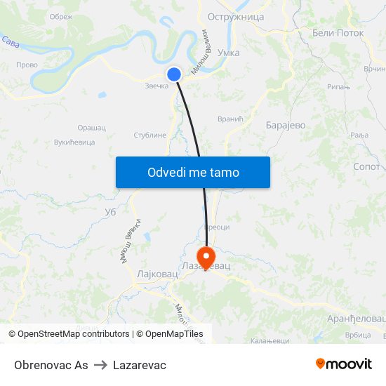 Obrenovac Аs to Lazarevac map