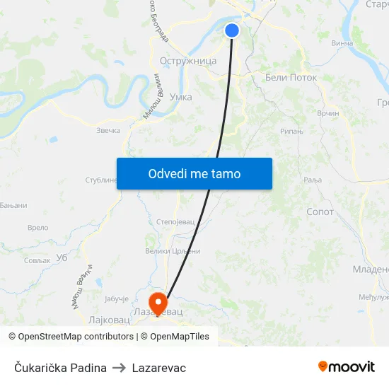 Čukarička Padina to Lazarevac map