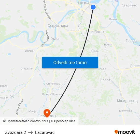 Zvezdara 2 to Lazarevac map
