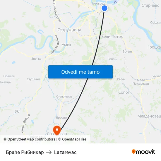 Браће Рибникар to Lazarevac map