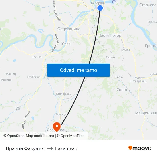 Правни Факултет to Lazarevac map