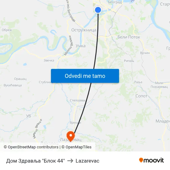 Дом Здравља "Блок 44" to Lazarevac map