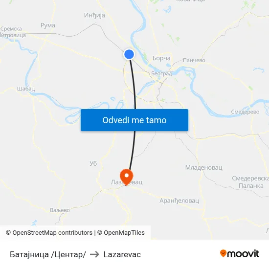 Батајница /Центар/ to Lazarevac map