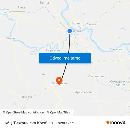 Кбц "Бежанијска Коса" to Lazarevac map