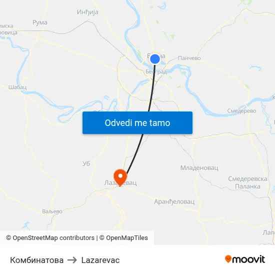 Комбинатова to Lazarevac map
