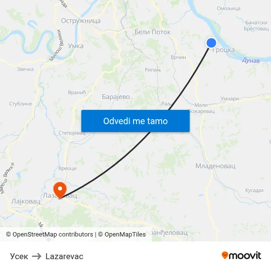 Усек to Lazarevac map
