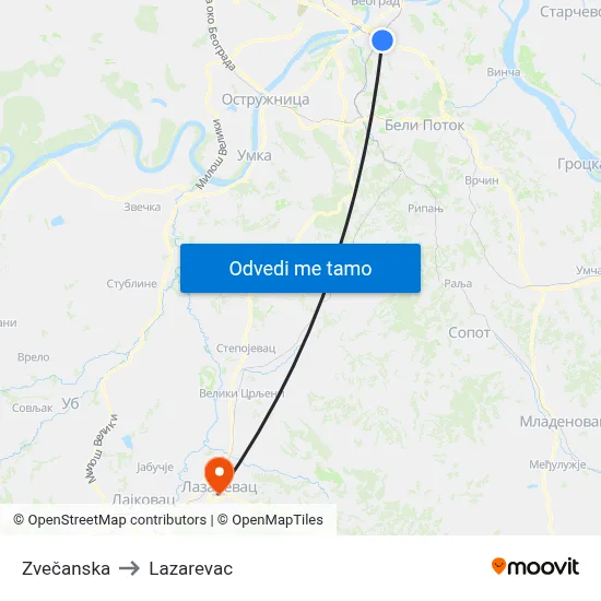 Zvečanska to Lazarevac map
