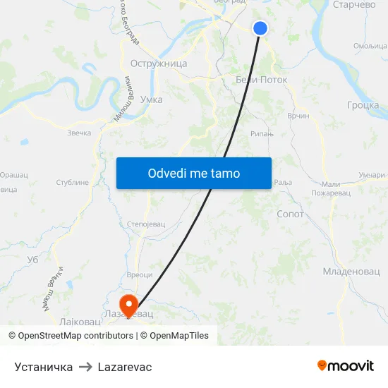 Устаничка to Lazarevac map