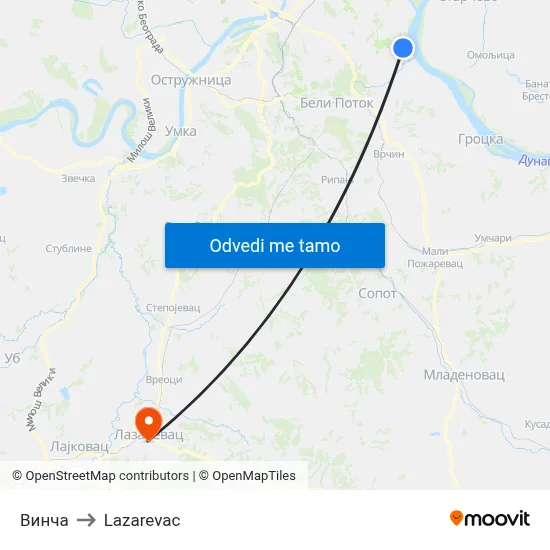 Винча to Lazarevac map