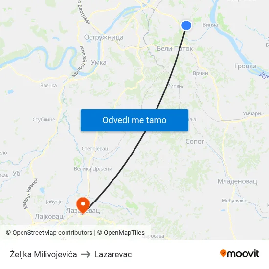 Željka Milivojevića to Lazarevac map