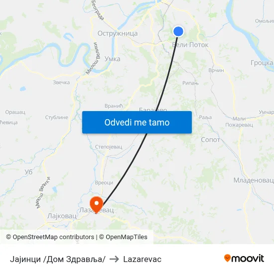 Јајинци /Дом Здравља/ to Lazarevac map