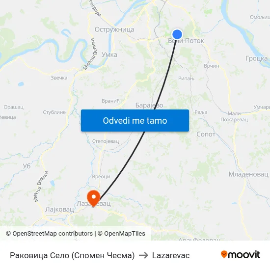 Раковица Село (Спомен Чесма) to Lazarevac map