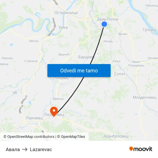 Авала to Lazarevac map