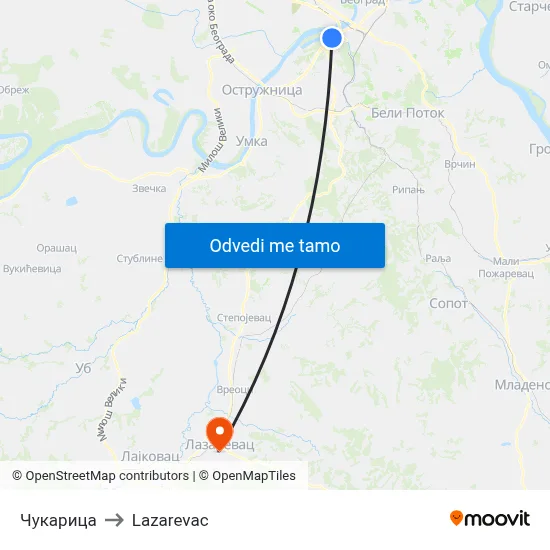 Чукарица to Lazarevac map