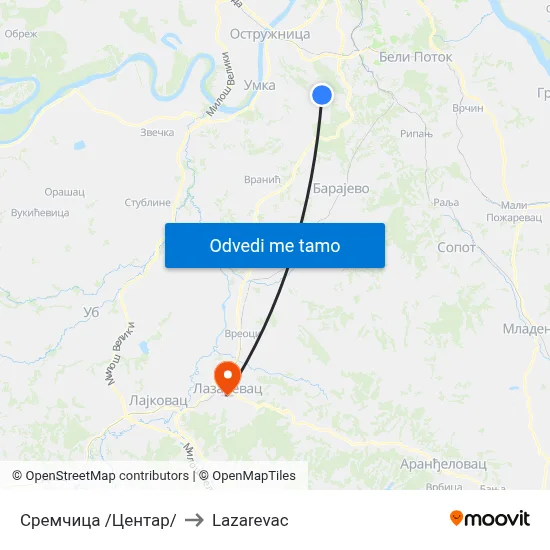 Сремчица /Центар/ to Lazarevac map