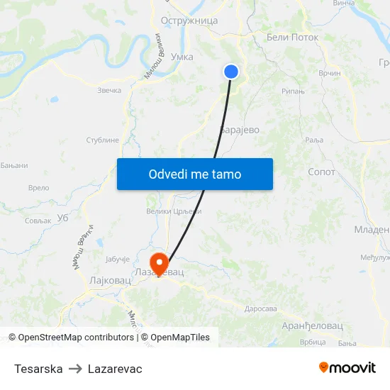 Tesarska to Lazarevac map