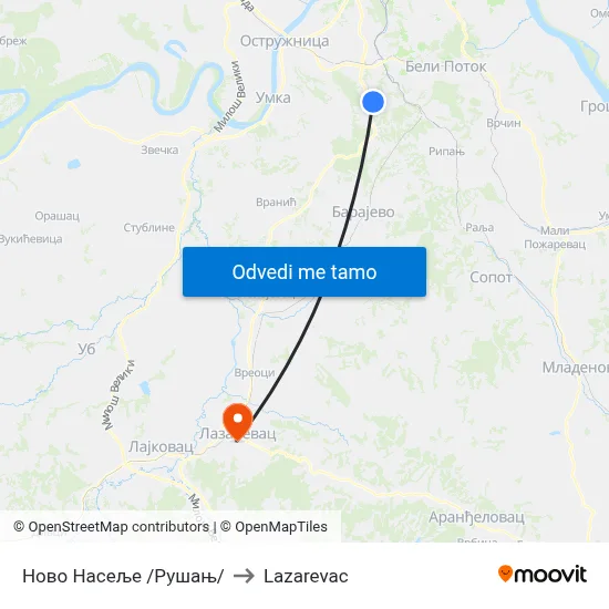 Ново Насеље /Рушањ/ to Lazarevac map