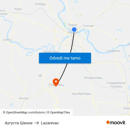 Аугуста Шеное to Lazarevac map